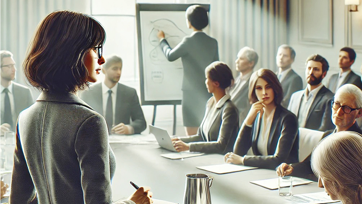 Im Vordergrund sitzen Diskussionsteilnehmer, im Hintergrund visualisiert eine dunkelhaarige Frau auf einem Flipchart © Ingrid Glatz