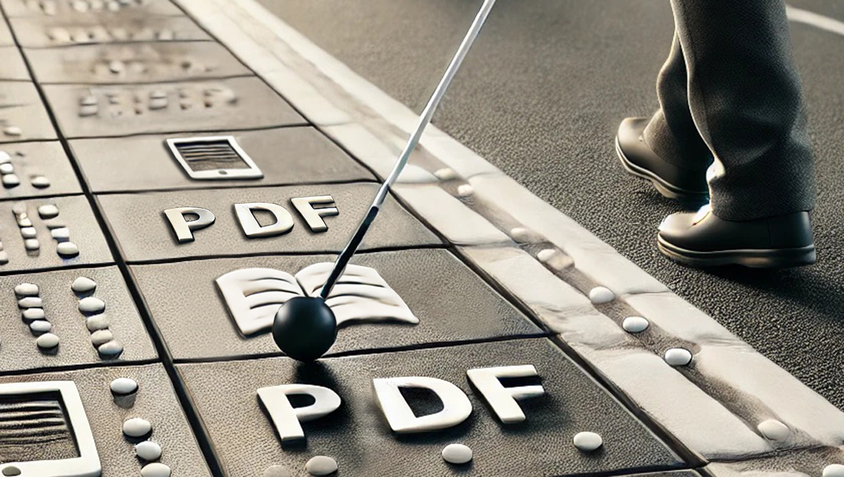 Rechts die Fußspitzen eines Blinden. Mittig rollt die Kugelspitze des Langstocks über Gehwegplatten mit der Beschriftung „PDF“ © Ingrid Glatz