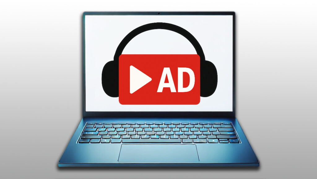 Links Rotes Rechteck mit Pfeilspitze asl Symbol für "Play", rechts Abkürzung "AD", zwischen den Hörmuscheln eine Kppfhöreres, dargestellt im Display eines blauen Notebooks. © Martina Nettekoven