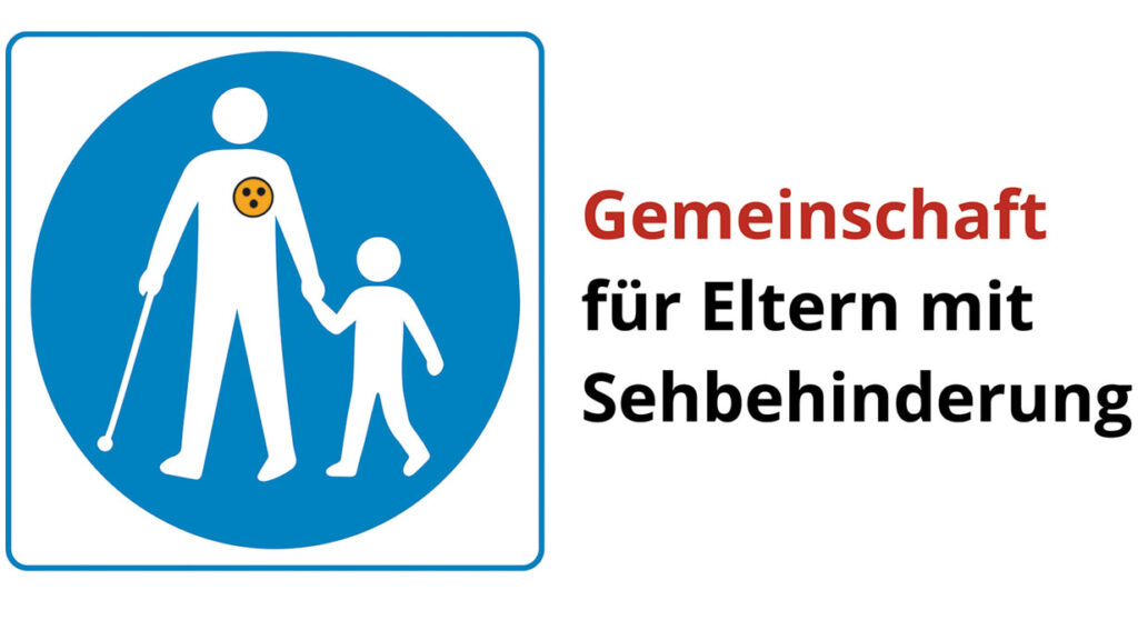 Blaues rundes Verkehrsschild für Fußgänger mit einem Erwachsenen mit Langstock und Kind © Martina Nettekoven